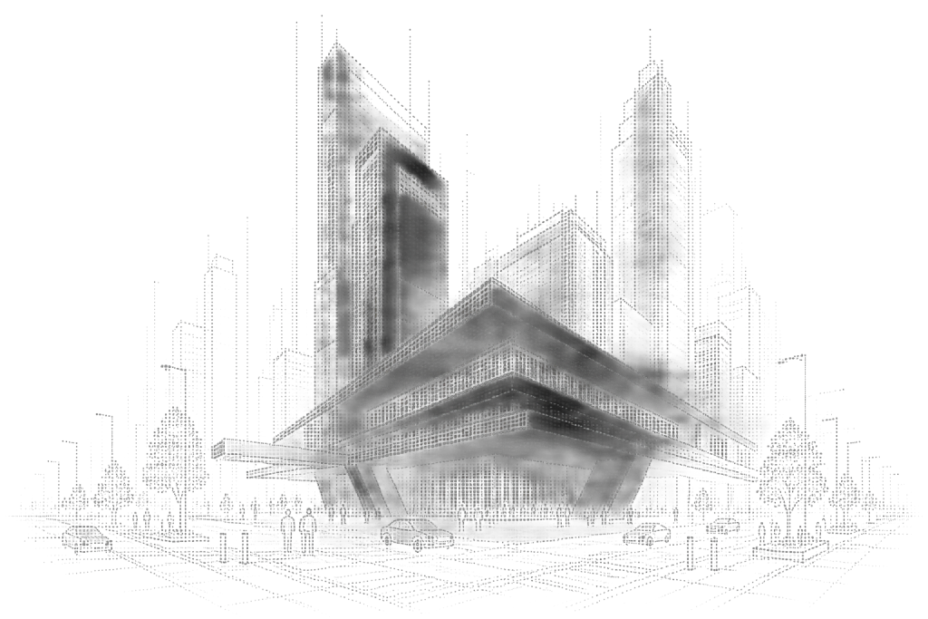 Wireframe illustration of a smart city command center building