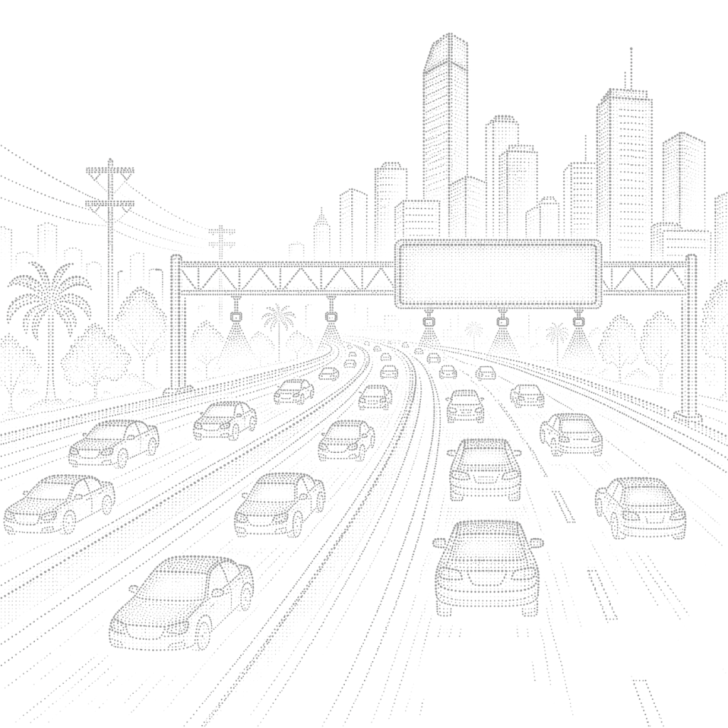 Wireframe illustration of highway traffic monitored across lanes